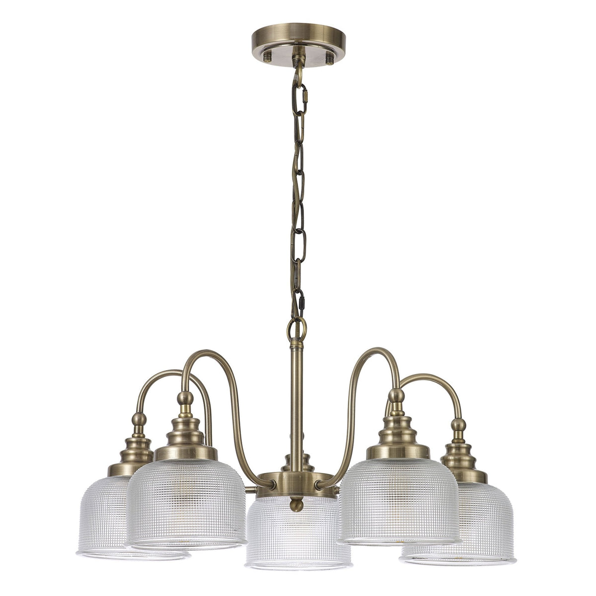 Stowford 5lt Pendant or Semi Flush Light in Antique Brass & Clear Prismatic Glass