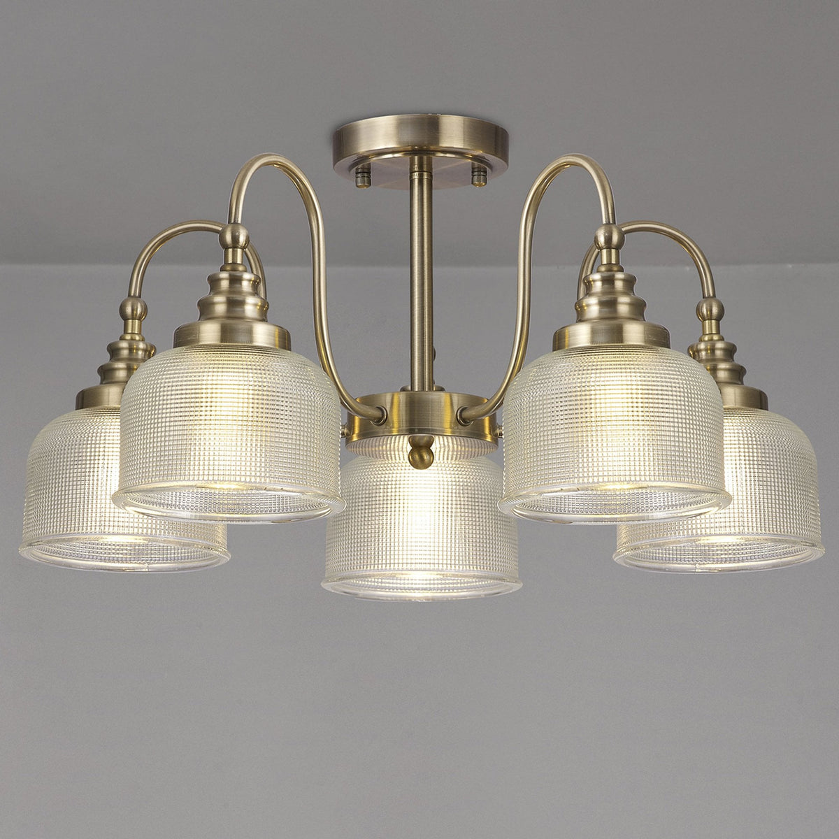 Stowford 5lt Pendant or Semi Flush Light in Antique Brass & Clear Prismatic Glass