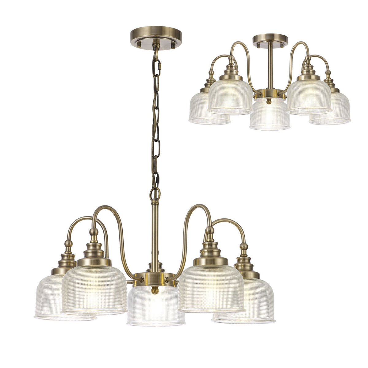Stowford 5lt Pendant or Semi Flush Light in Antique Brass & Clear Prismatic Glass