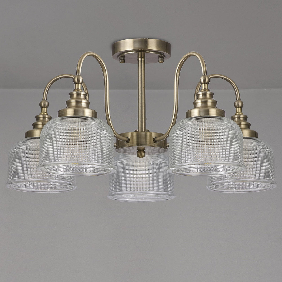 Stowford 5lt Pendant or Semi Flush Light in Antique Brass & Clear Prismatic Glass