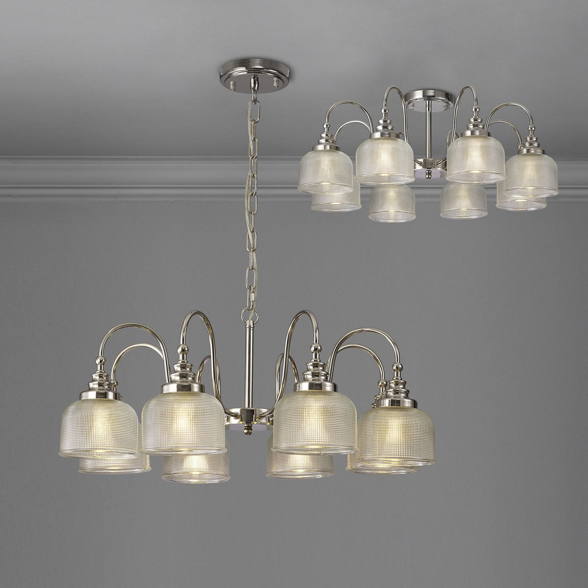 Stowford 8lt Pendant or Semi Flush Light in Polished Nickel & Clear Prismatic Glass