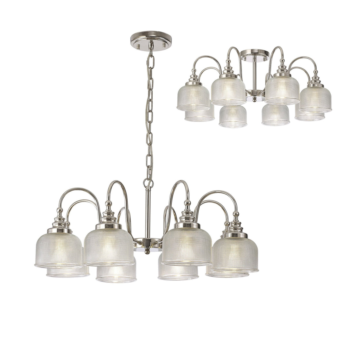 Stowford 8lt Pendant or Semi Flush Light in Polished Nickel & Clear Prismatic Glass