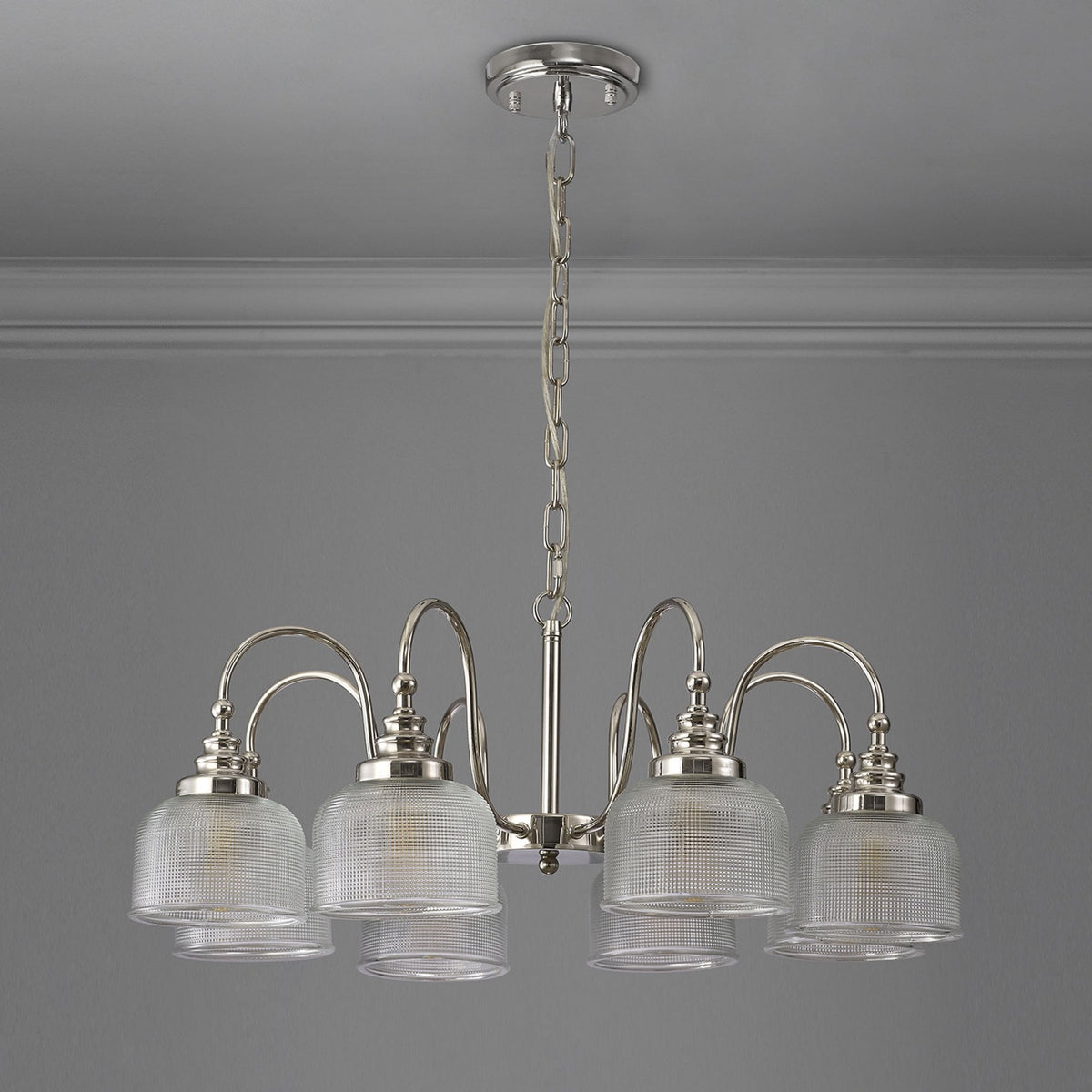 Stowford 8lt Pendant or Semi Flush Light in Polished Nickel & Clear Prismatic Glass