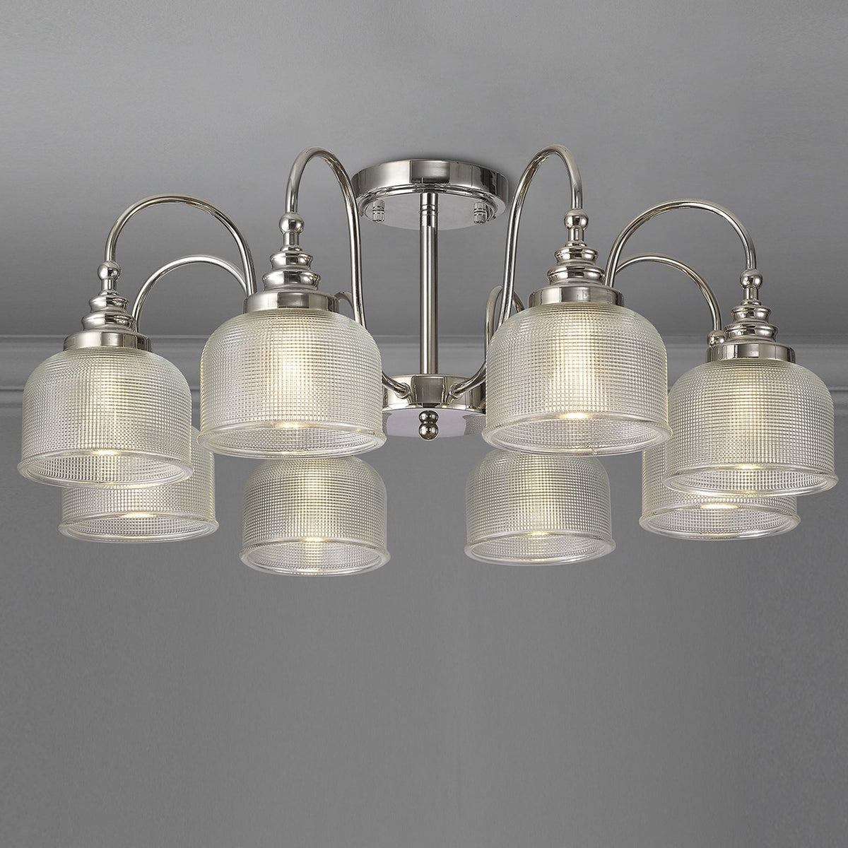 Stowford 8lt Pendant or Semi Flush Light in Polished Nickel & Clear Prismatic Glass