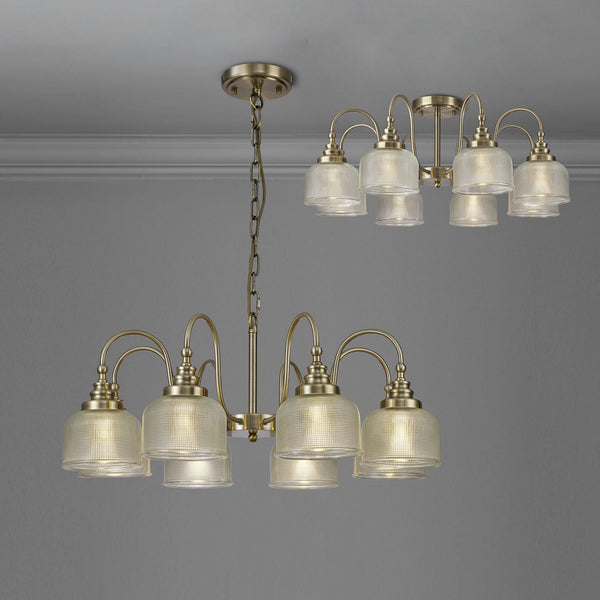 Stowford 8lt Pendant or Semi Flush Light in Antique Brass & Clear Prismatic Glass