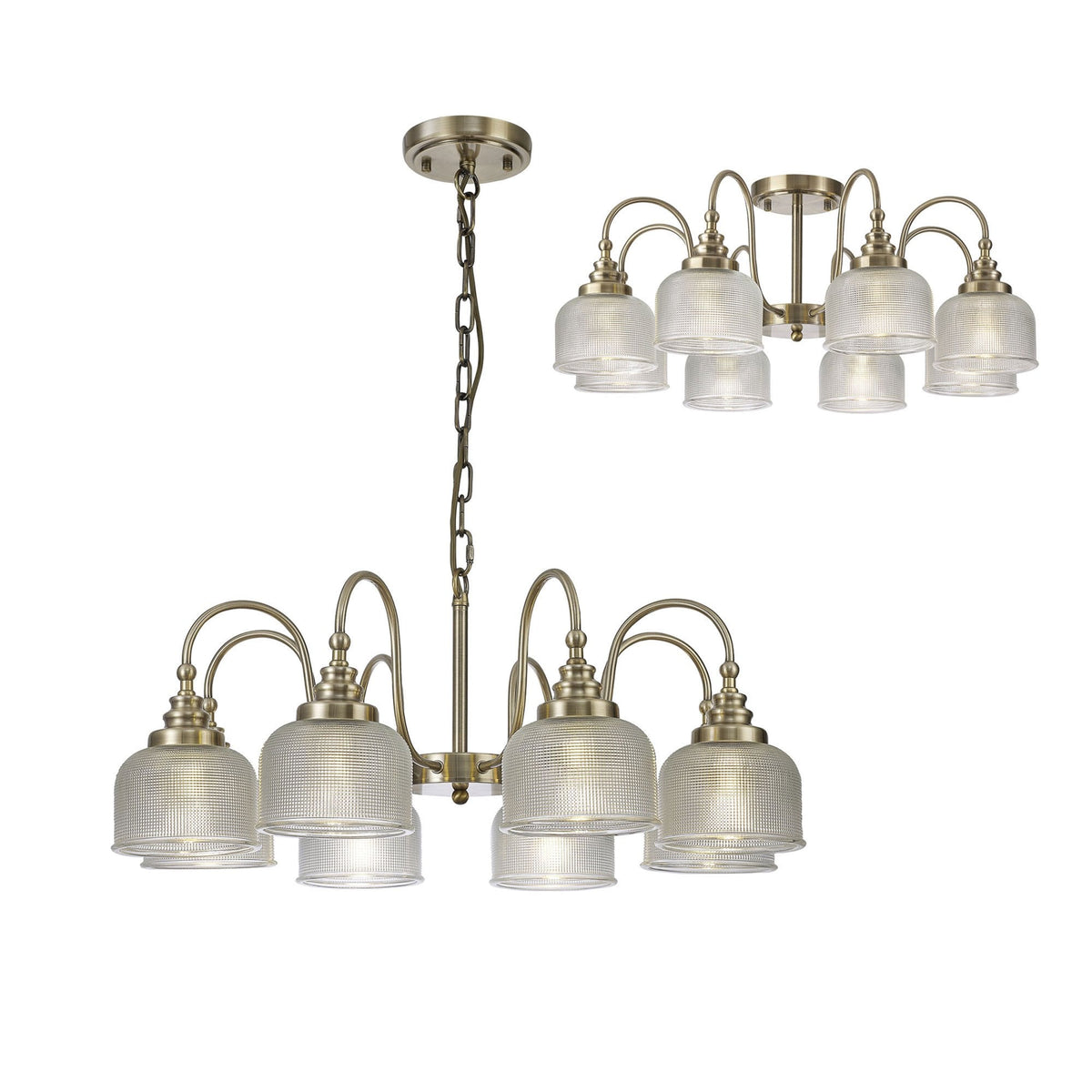 Stowford 8lt Pendant or Semi Flush Light in Antique Brass & Clear Prismatic Glass