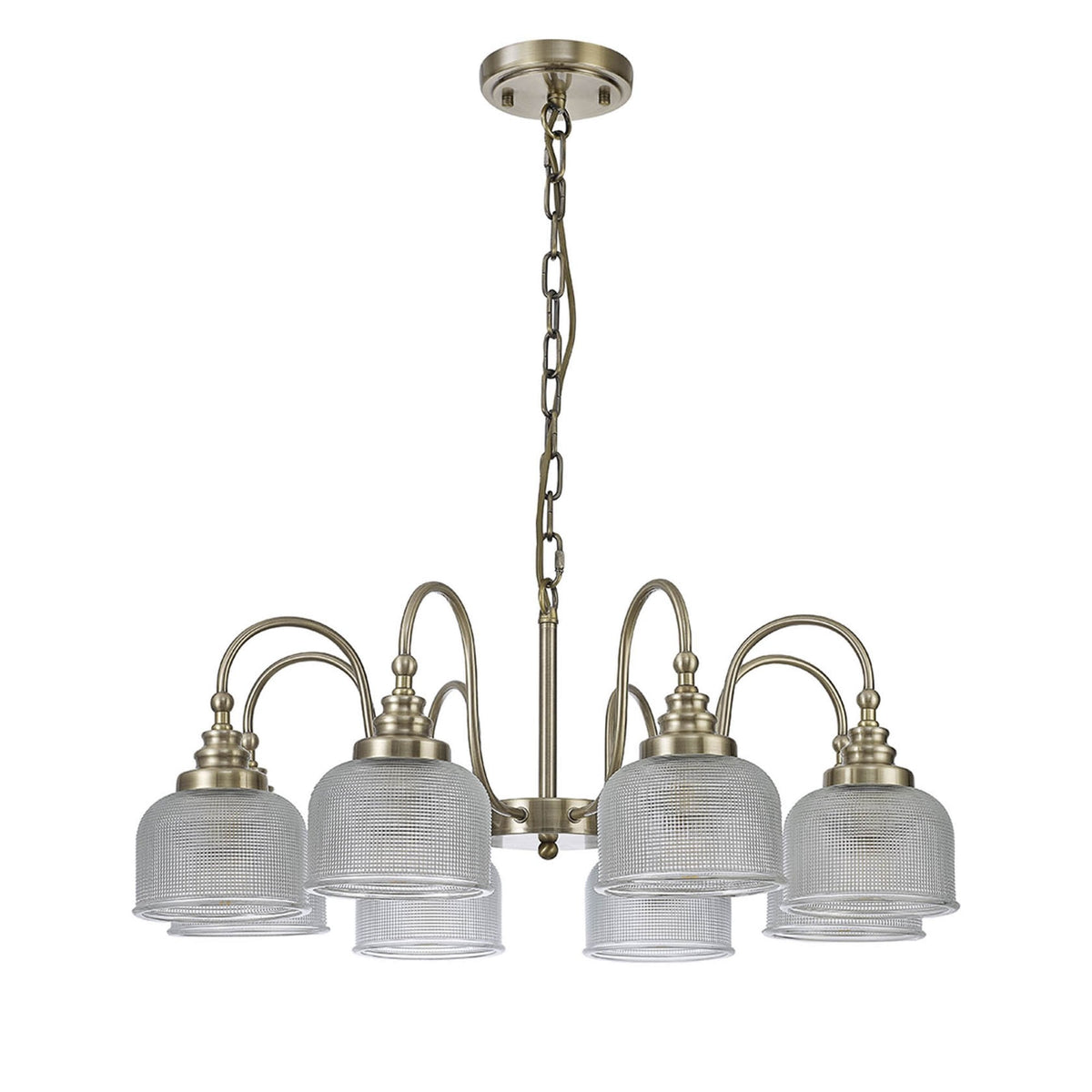 Stowford 8lt Pendant or Semi Flush Light in Antique Brass & Clear Prismatic Glass