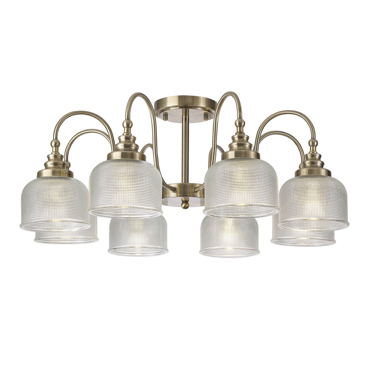 Stowford 8lt Pendant or Semi Flush Light in Antique Brass & Clear Prismatic Glass