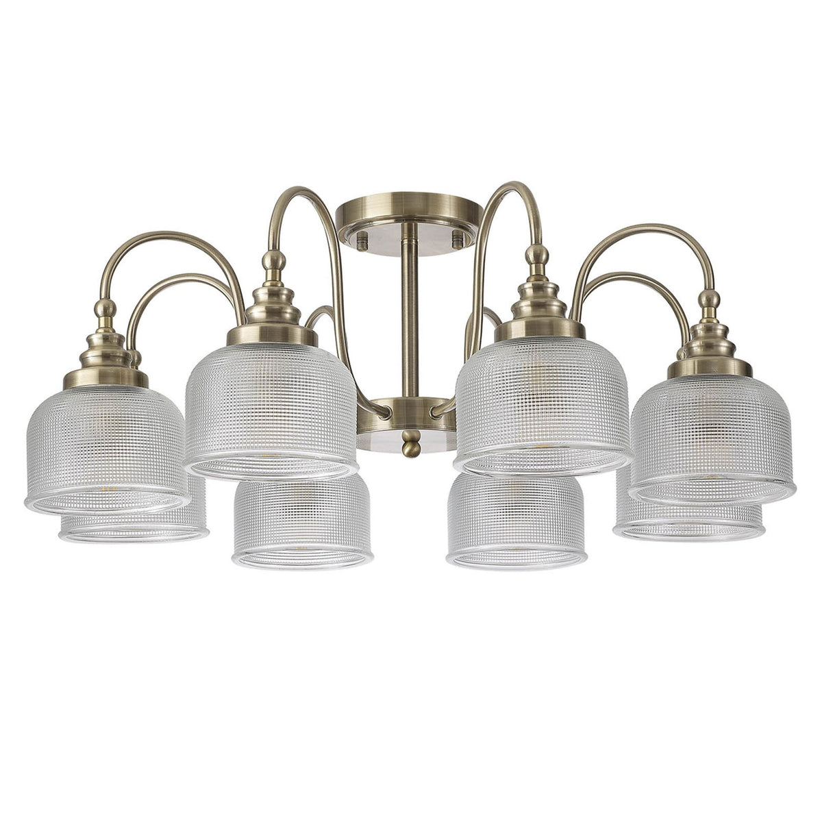 Stowford 8lt Pendant or Semi Flush Light in Antique Brass & Clear Prismatic Glass