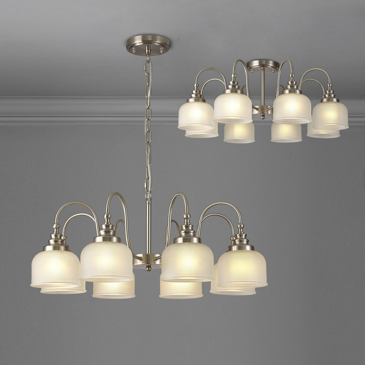 Stowford 8lt Pendant or Semi Flush Light Satin Nickel & Frosted Prismatic Glass
