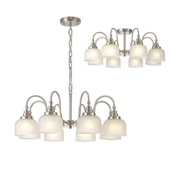 Stowford 8lt Pendant or Semi Flush Light in Satin Nickel & Frosted Prismatic Glass