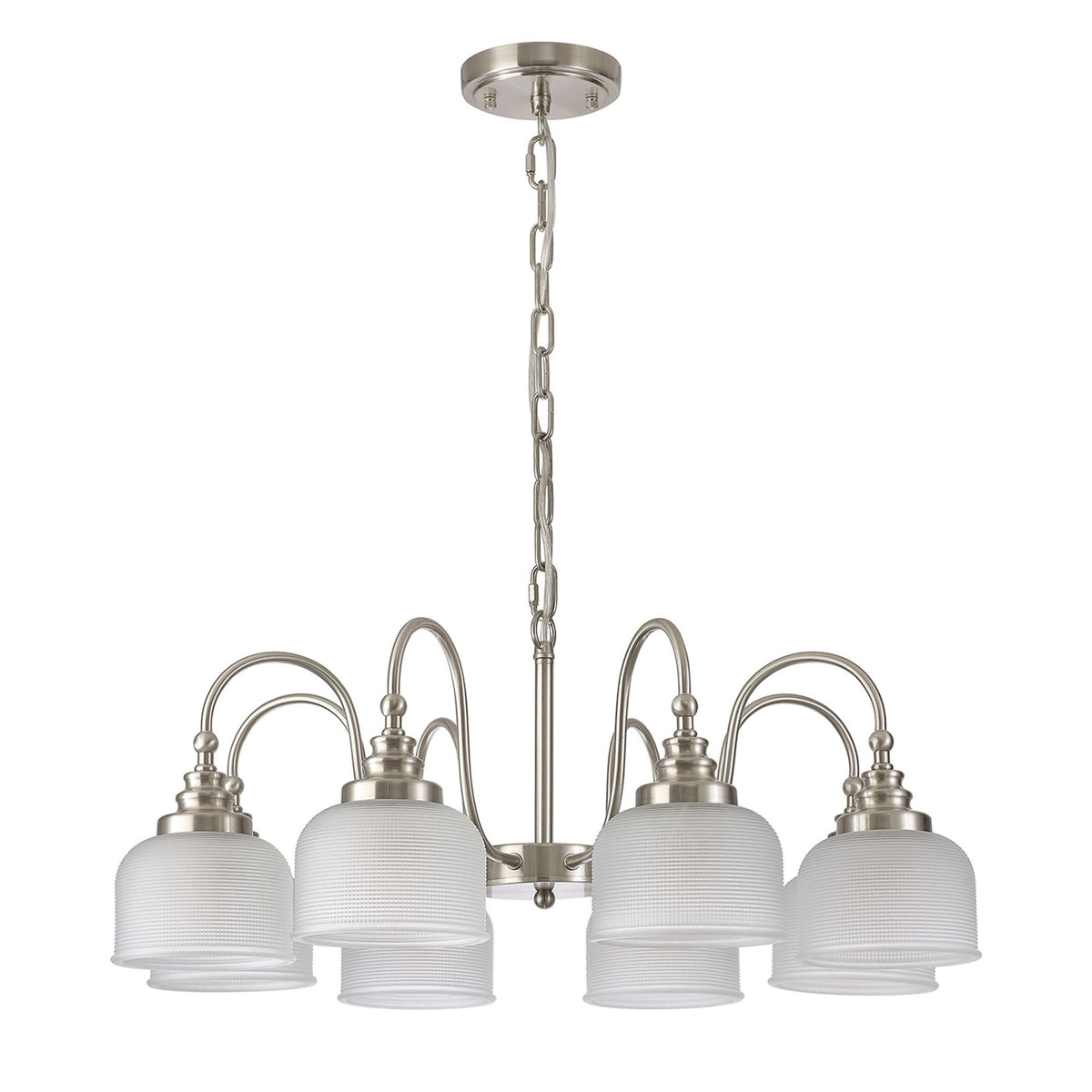 Stowford 8lt Pendant or Semi Flush Light in Satin Nickel & Frosted Prismatic Glass