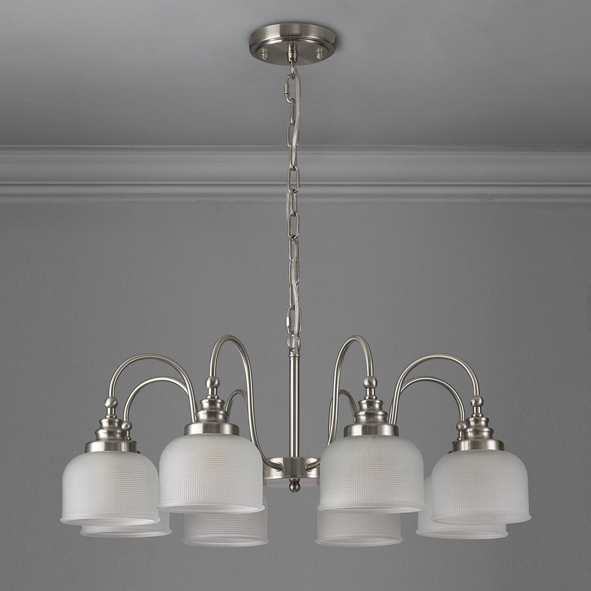 Stowford 8lt Pendant or Semi Flush Light in Satin Nickel & Frosted Prismatic Glass
