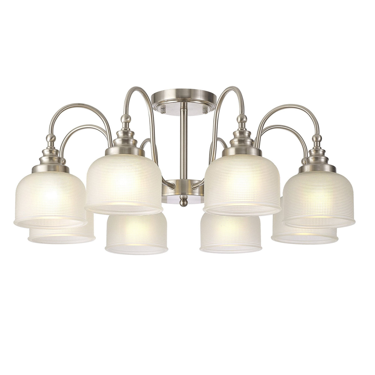 Stowford 8lt Pendant or Semi Flush Light in Satin Nickel & Frosted Prismatic Glass