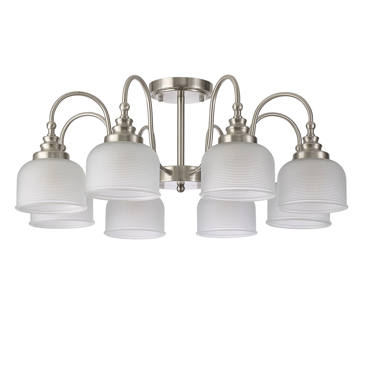 Stowford 8lt Pendant or Semi Flush Light in Satin Nickel & Frosted Prismatic Glass