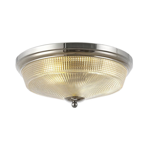 Stowford Medium Flush Ceiling Light in Polished Nickel & Clear Prismatic Glass