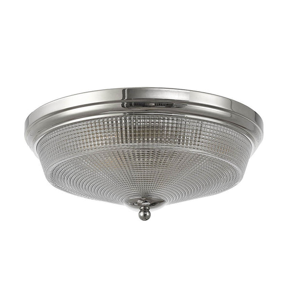 Stowford Medium Flush Ceiling Light in Polished Nickel & Clear Prismatic Glass