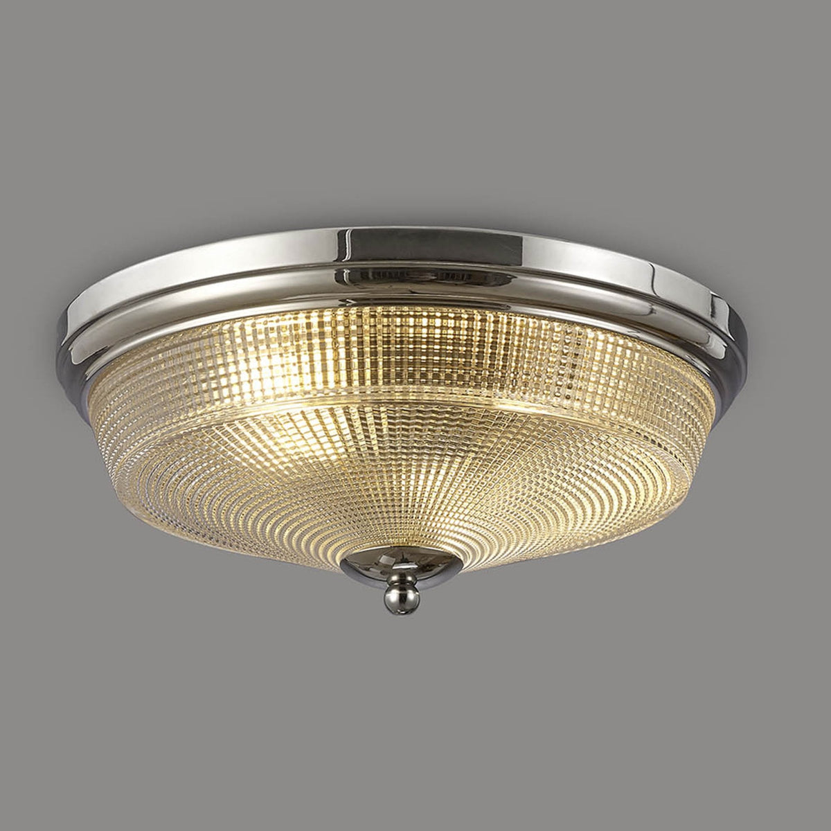 Stowford Medium Flush Ceiling Light in Polished Nickel & Clear Prismatic Glass