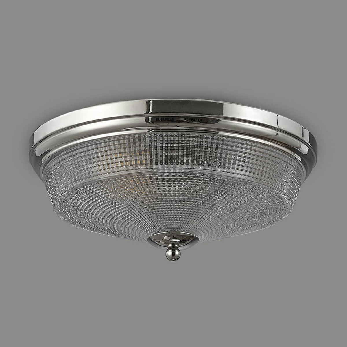Stowford Medium Flush Ceiling Light in Polished Nickel & Clear Prismatic Glass