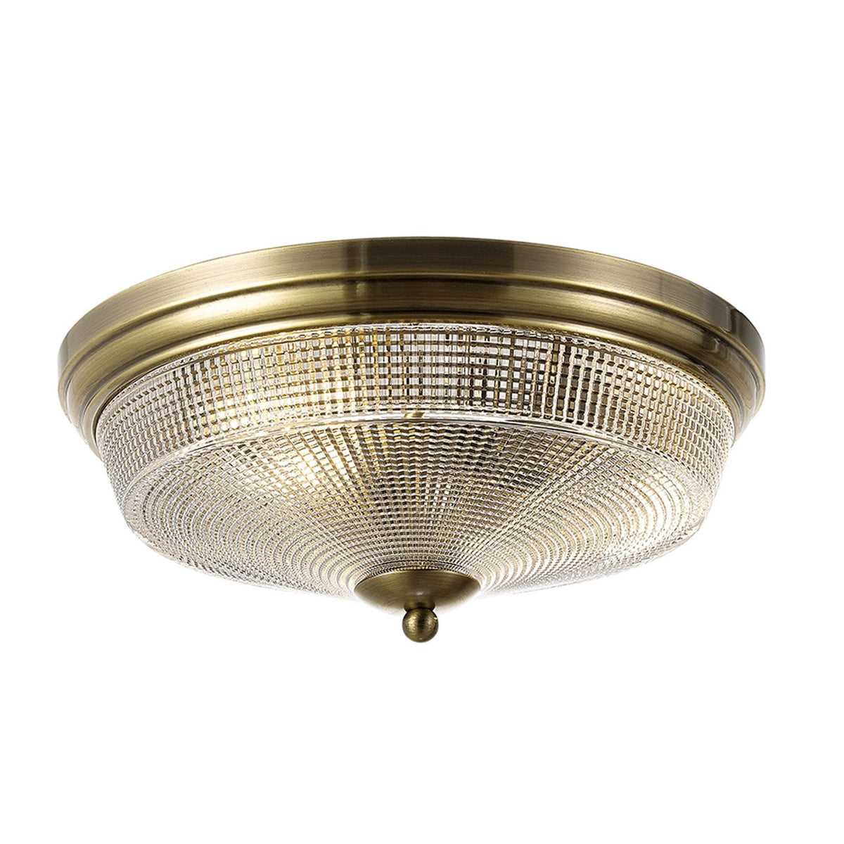 Stowford Medium Flush Ceiling Light in Antique Brass & Clear Prismatic Glass