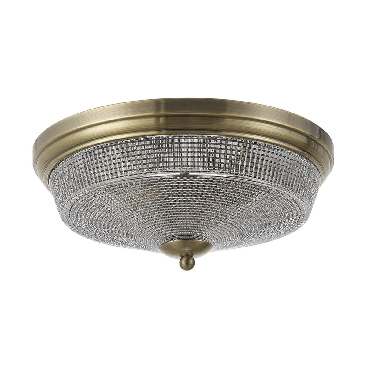Stowford Medium Flush Ceiling Light in Antique Brass & Clear Prismatic Glass