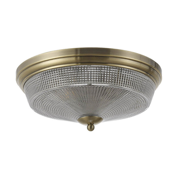 Stowford Medium Flush Ceiling Light in Antique Brass & Clear Prismatic Glass