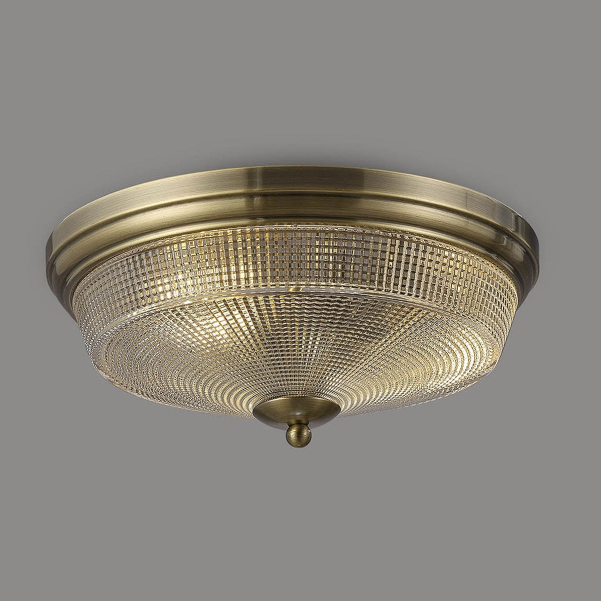 Stowford Medium Flush Ceiling Light in Antique Brass & Clear Prismatic Glass