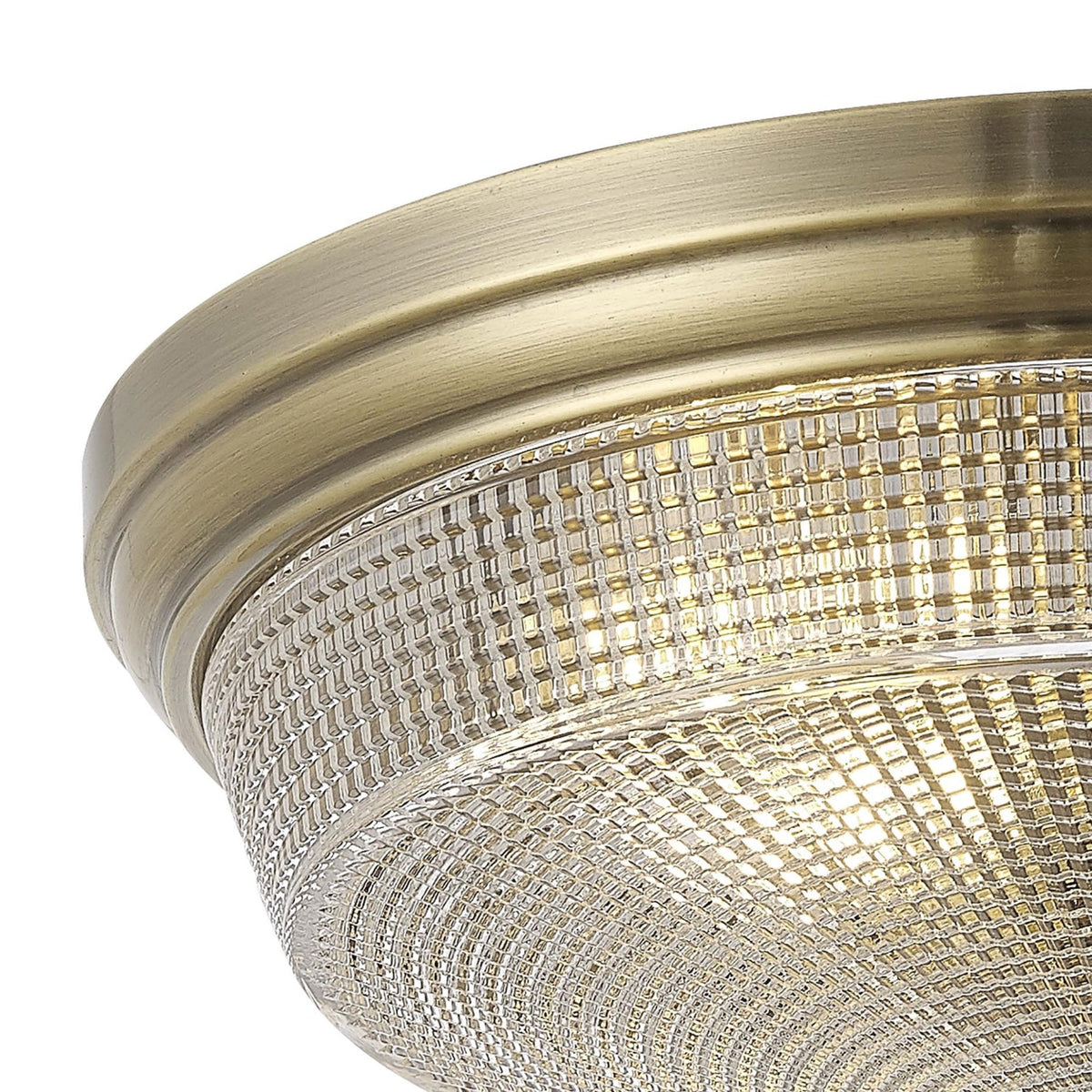 Stowford Medium Flush Ceiling Light in Antique Brass & Clear Prismatic Glass