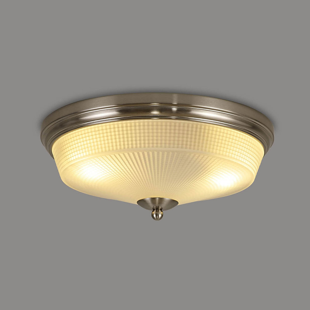 Stowford Medium Flush Ceiling Light in Satin Nickel & Frosted Prismatic Glass