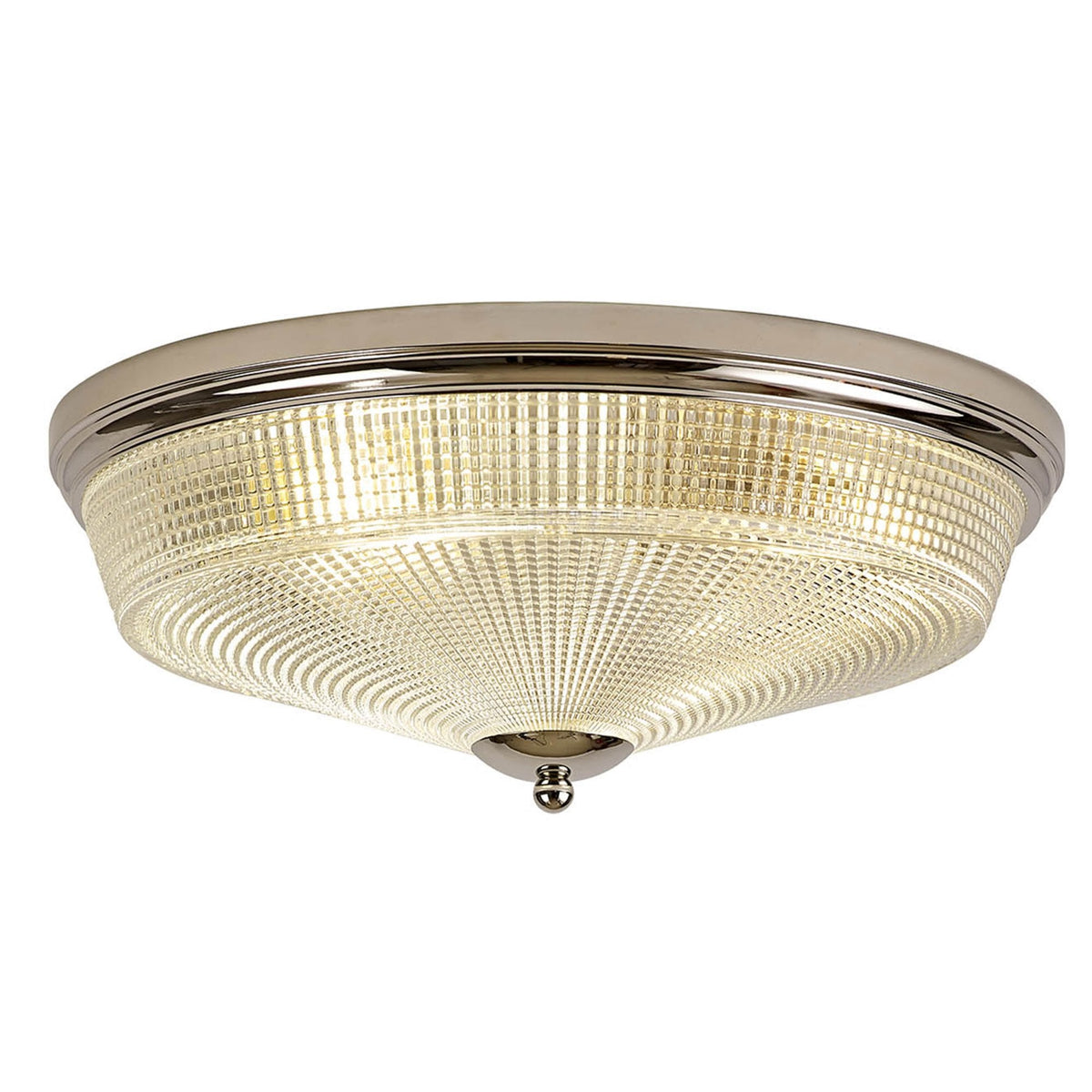 Stowford Large Flush Ceiling Light in Polished Nickel & Clear Prismatic Glass