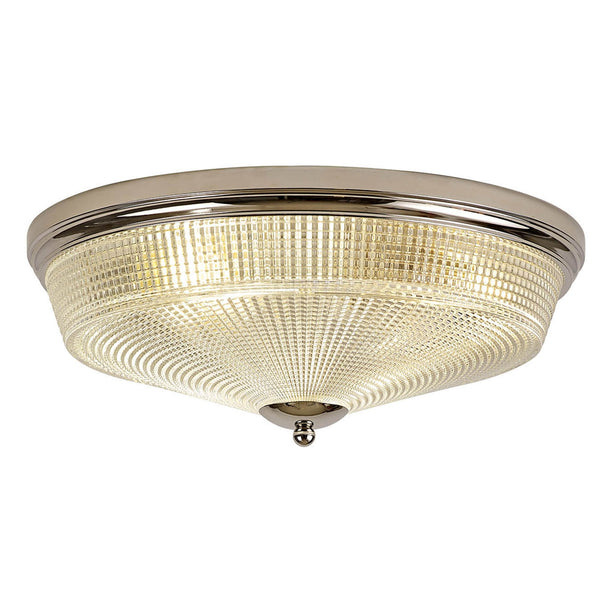 Stowford Large Flush Ceiling Light in Polished Nickel & Clear Prismatic Glass