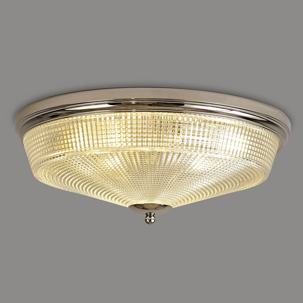 Stowford Large Flush Ceiling Light in Polished Nickel & Clear Prismatic Glass