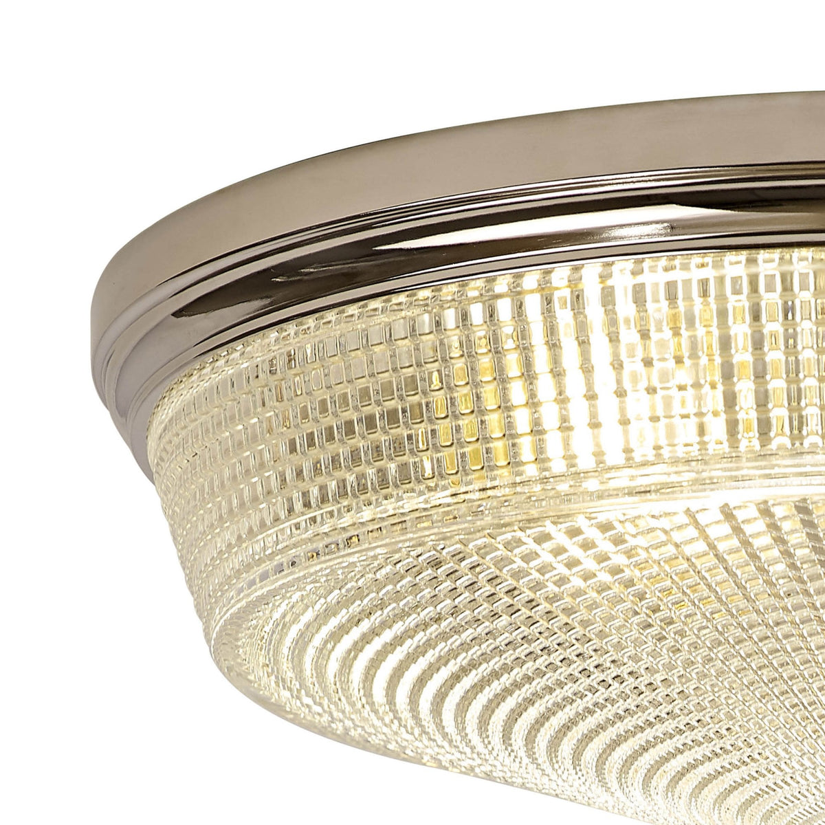 Stowford Large Flush Ceiling Light in Polished Nickel & Clear Prismatic Glass
