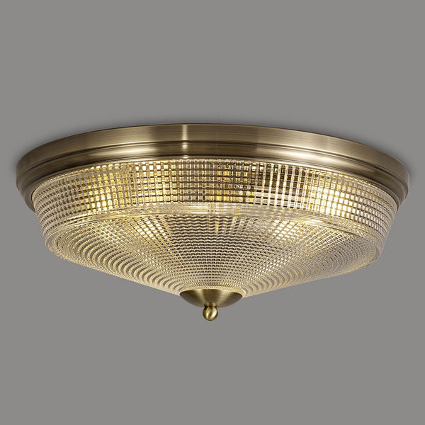 Stowford Large Flush Ceiling Light in Antique Brass & Clear Prismatic Glass