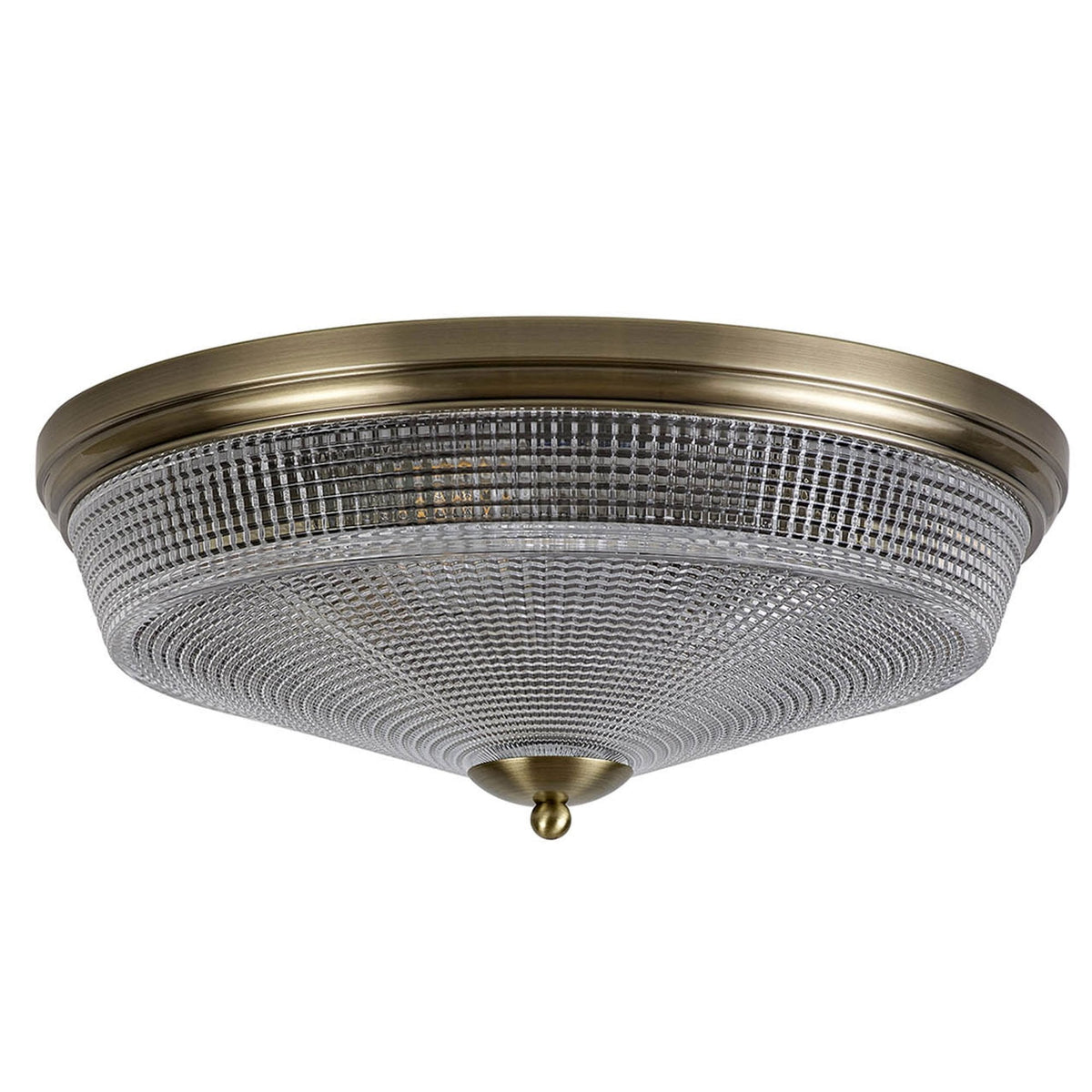 Stowford Large Flush Ceiling Light in Antique Brass & Clear Prismatic Glass
