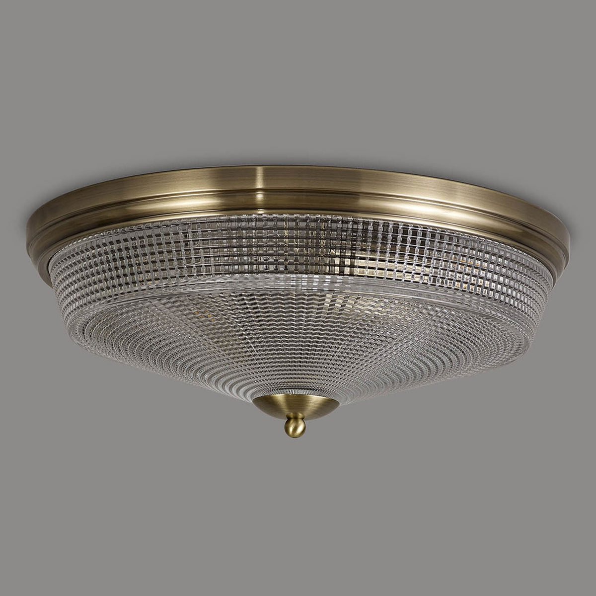 Stowford Large Flush Ceiling Light in Antique Brass & Clear Prismatic Glass