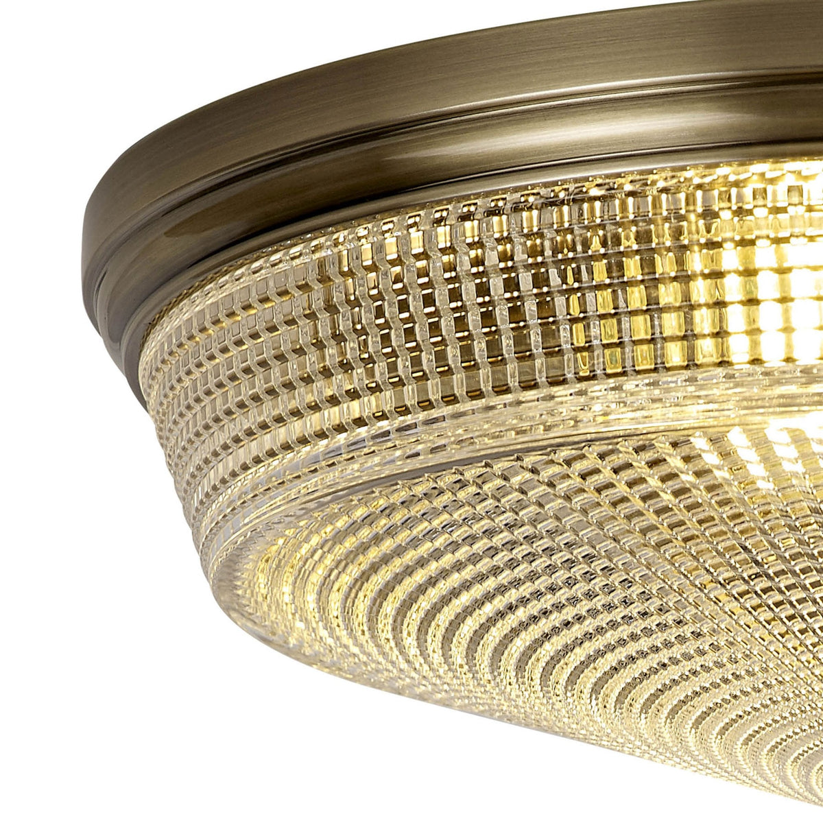 Stowford Large Flush Ceiling Light in Antique Brass & Clear Prismatic Glass