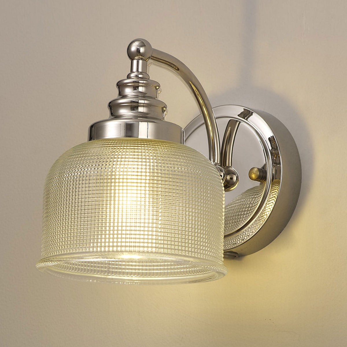 Stowford Switched Single Wall Light in Polished Nickel & Clear Prismatic Glass