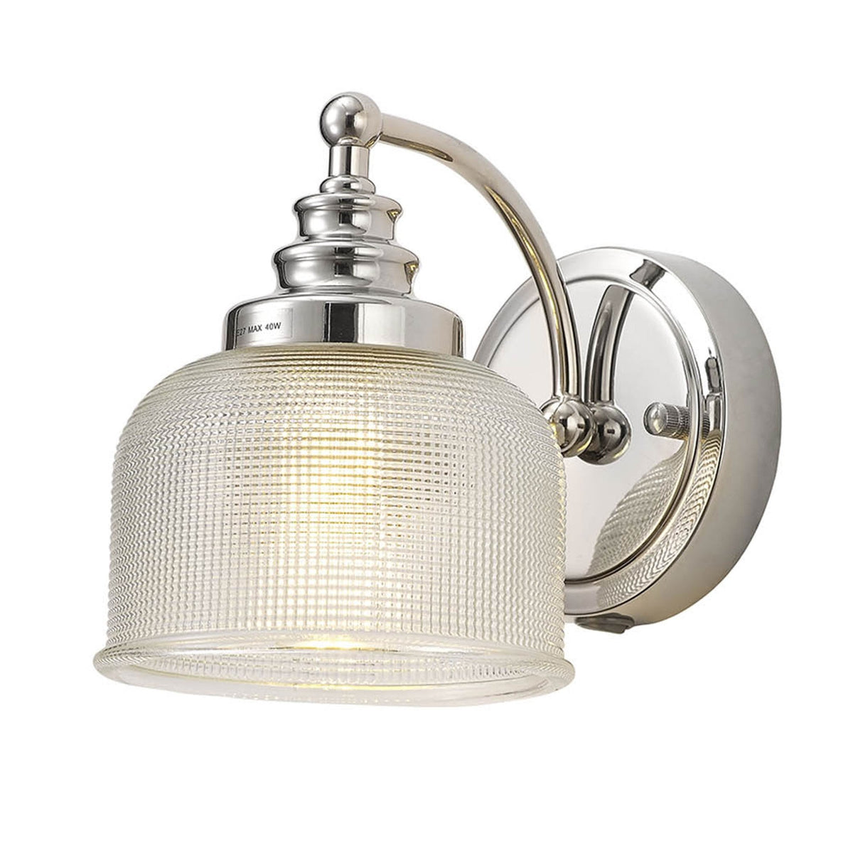 Stowford Switched Single Wall Light in Polished Nickel & Clear Prismatic Glass