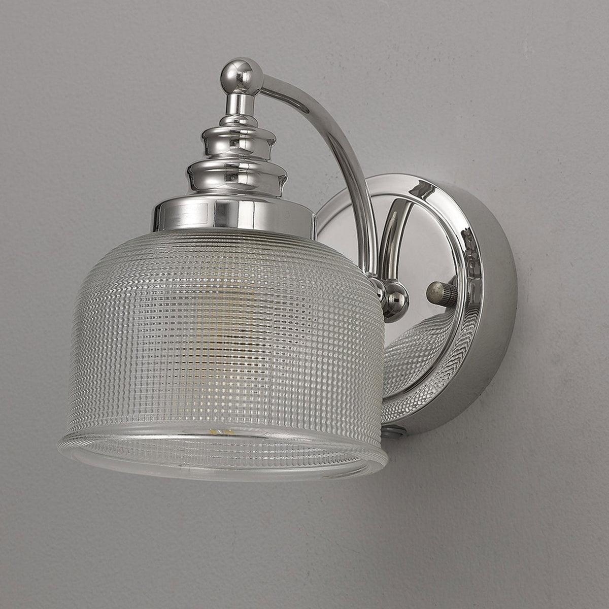 Stowford Switched Single Wall Light in Polished Nickel & Clear Prismatic Glass