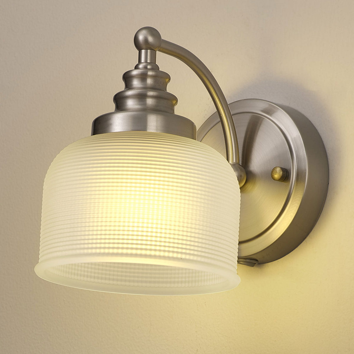 Stowford Switched Single Wall Light Satin Nickel & Frosted Prismatic Glass