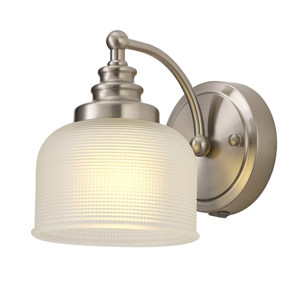 Stowford Switched Single Wall Light in Satin Nickel & Frosted Prismatic Glass
