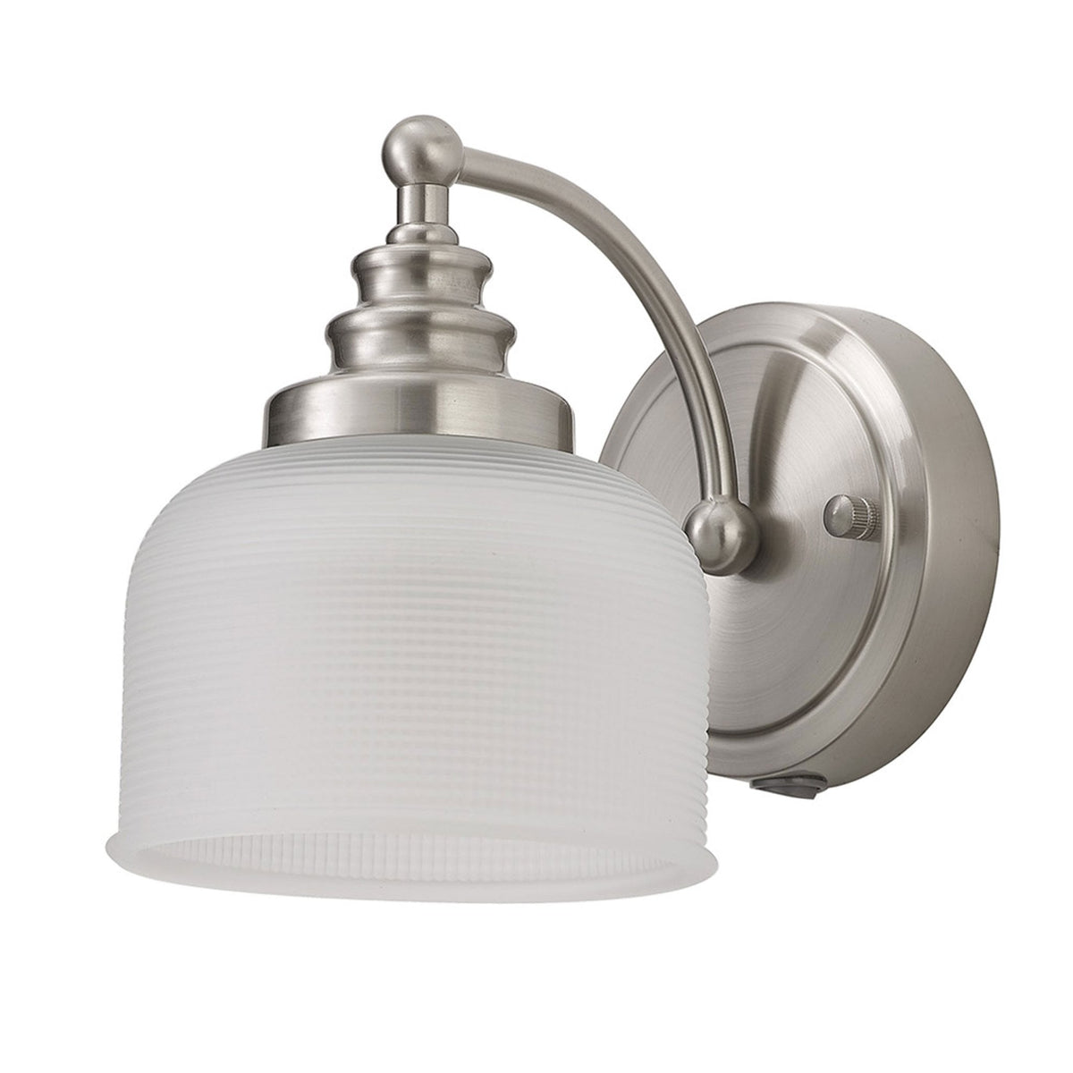 Stowford Switched Single Wall Light in Satin Nickel & Frosted Prismatic Glass