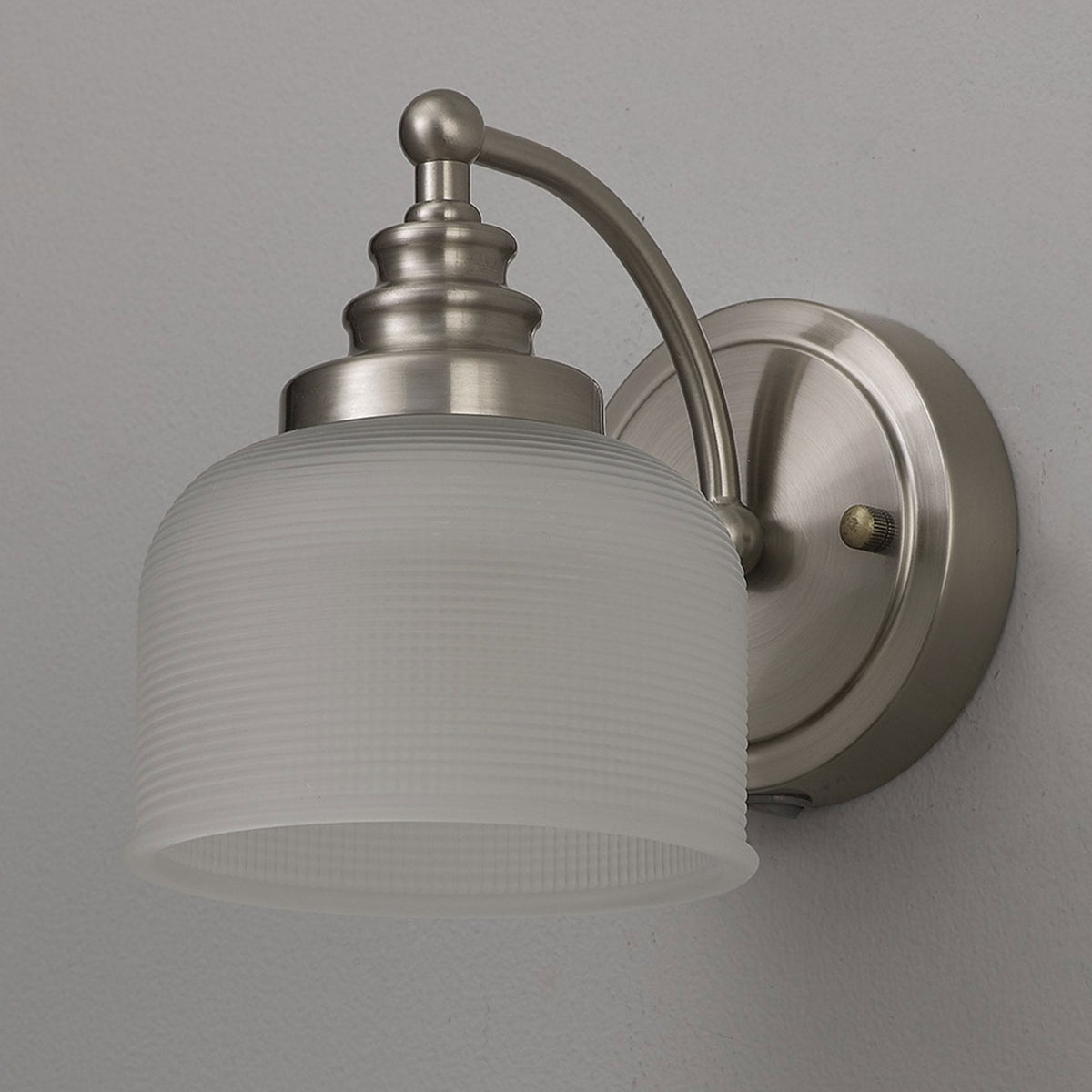 Stowford Switched Single Wall Light in Satin Nickel & Frosted Prismatic Glass
