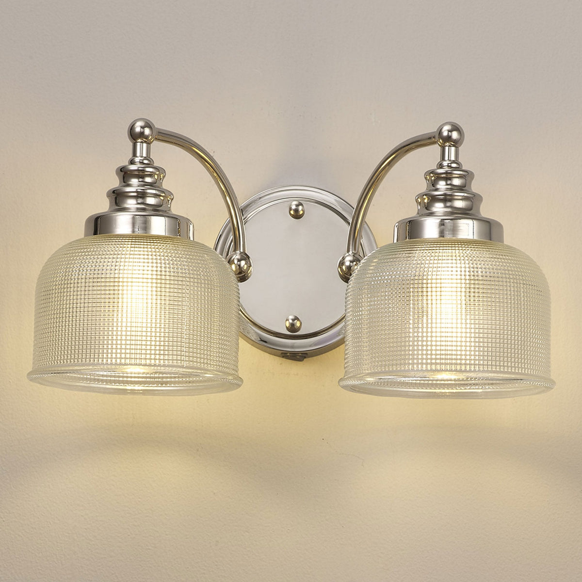 Stowford Switched Twin Wall Light Polished Nickel & Clear Prismatic Glass