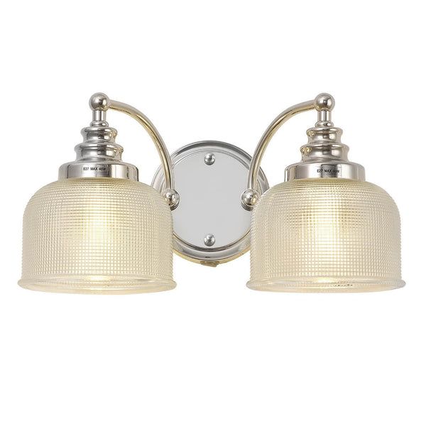 Stowford Switched Twin Wall Light in Polished Nickel & Clear Prismatic Glass