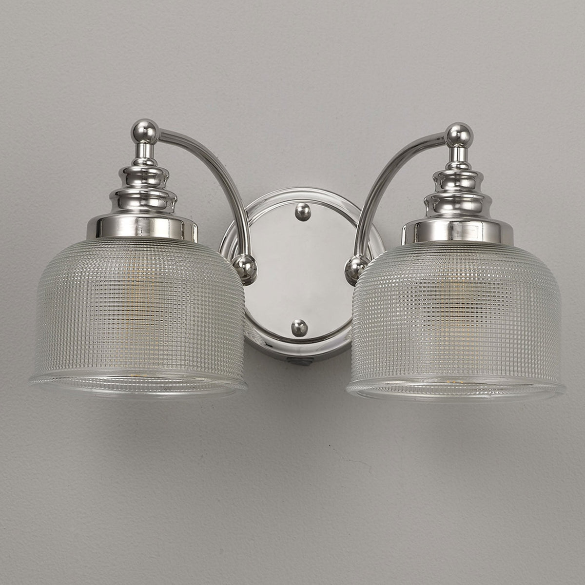 Stowford Switched Twin Wall Light in Polished Nickel & Clear Prismatic Glass