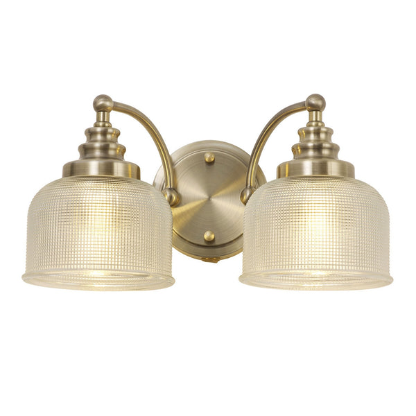 Stowford Switched Twin Wall Light in Antique Brass & Clear Prismatic Glass