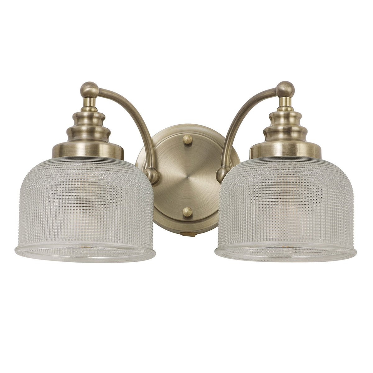 Stowford Switched Twin Wall Light in Antique Brass & Clear Prismatic Glass