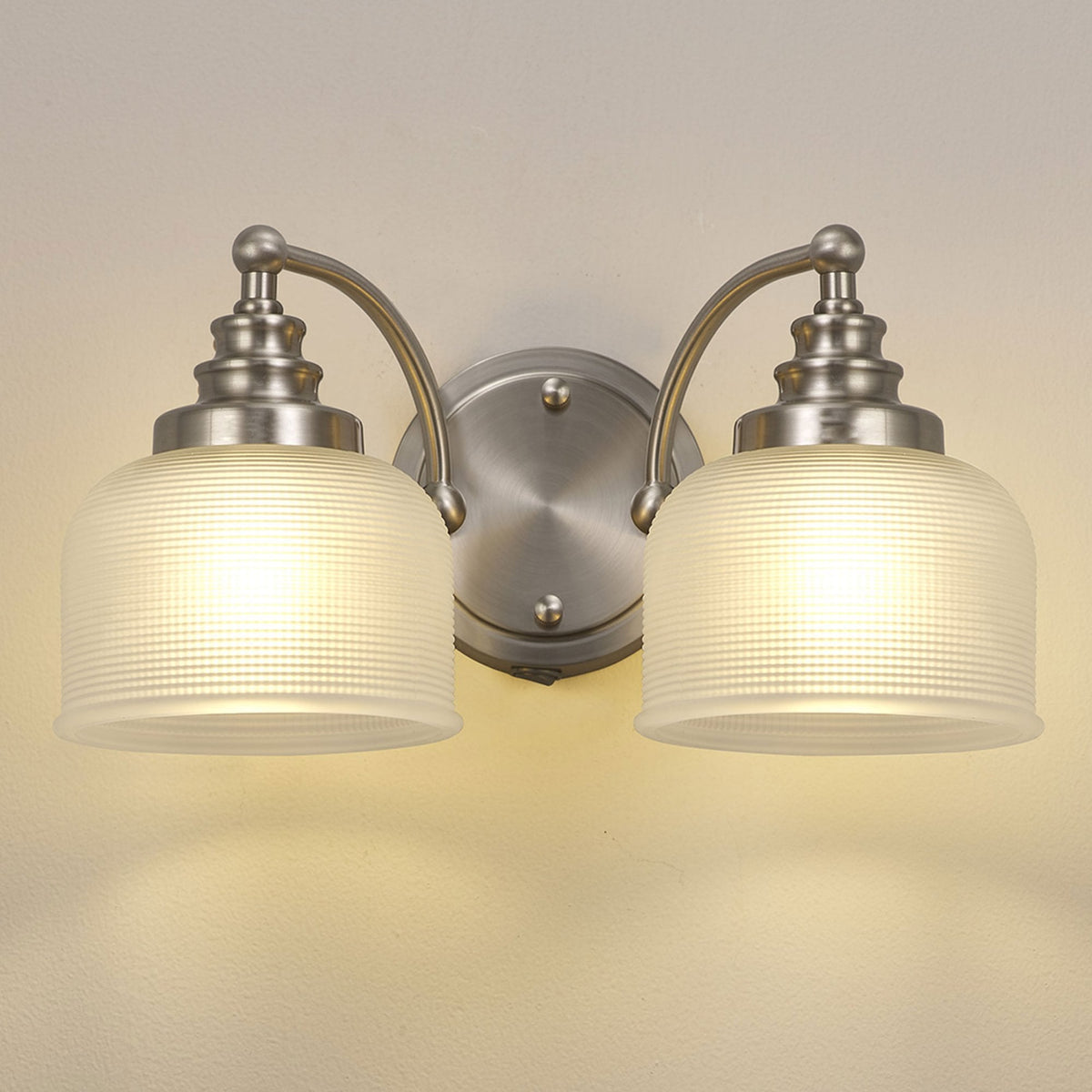 Stowford Switched Twin Wall Light in Satin Nickel & Frosted Prismatic Glass
